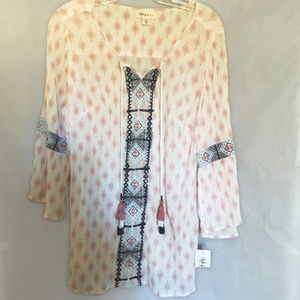 Style & Co Pink/White Tunic, Bell Sleeve, Tassels